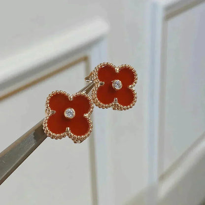 [⭐JeweliWhal]CLOUS D'OREILLES CLOVER MEDIUM 1 MOTIFS CORNALINE DIAMANTS