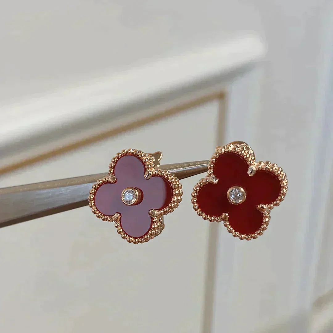 [⭐JeweliWhal]CLOUS D'OREILLES CLOVER MEDIUM 1 MOTIFS CORNALINE DIAMANTS