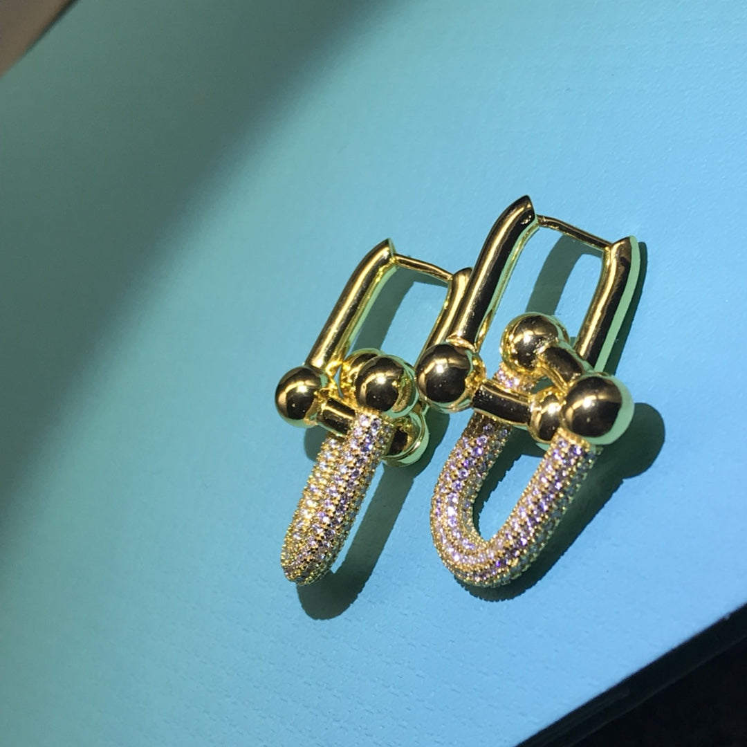 [JeweliWhal]HARDWARE DROP EARRINGS DOUBLE LINK DIAMOND