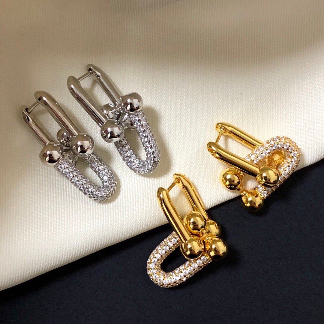 [JeweliWhal]HARDWARE DROP EARRINGS DOUBLE LINK DIAMOND