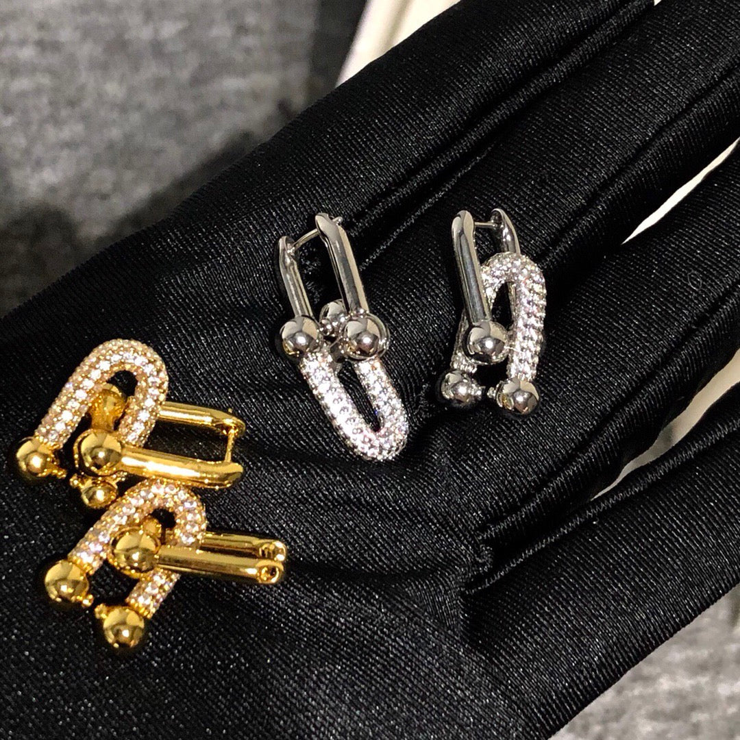 [JeweliWhal]HARDWARE DROP EARRINGS DOUBLE LINK DIAMOND