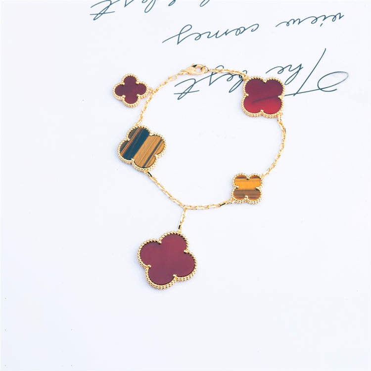 [⭐JeweliWhal]BRACELET CLOVER 5 MOTIFS CORNALINE ŒIL DE TIGRE