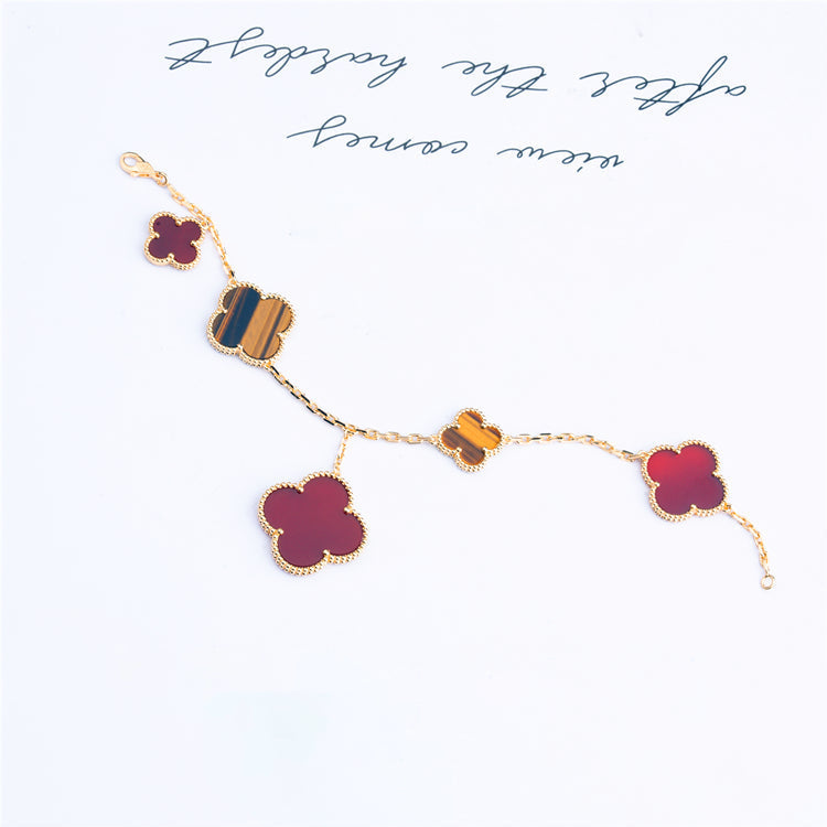 [⭐JeweliWhal]BRACELET CLOVER 5 MOTIFS CORNALINE ŒIL DE TIGRE