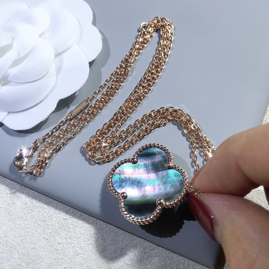 [⭐JeweliWhal]COLLIER GRAND TRÈFLE 25MM OR NACRE FONCÉE CLOVER