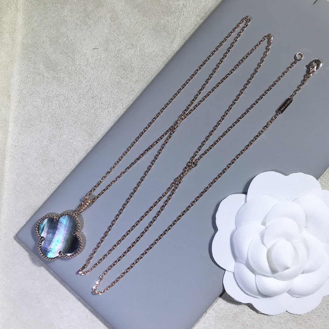 [⭐JeweliWhal]COLLIER GRAND TRÈFLE 25MM OR NACRE FONCÉE CLOVER