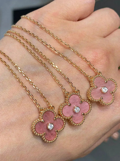 [⭐JeweliWhal]COLLIER TRÈFLE 15 MM DIAMANT RHODONITE