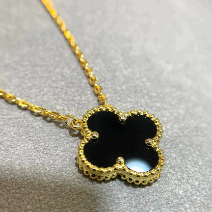 [⭐JeweliWhal]COLLIER FLEUR UNIQUE 15MM ONYX NOIR TRÈFLE