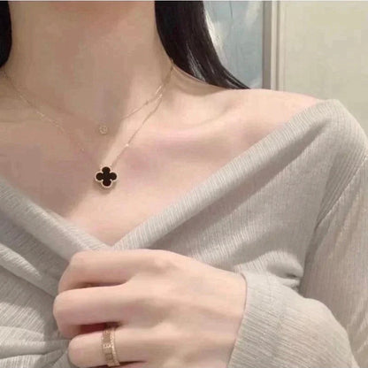 [⭐JeweliWhal]COLLIER FLEUR UNIQUE 15MM ONYX NOIR TRÈFLE
