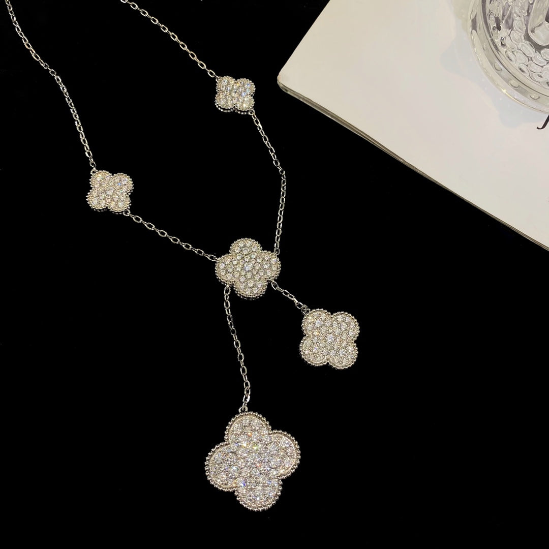 [⭐JeweliWhal]COLLIER TRÈFLE 5 MOTIFS ARGENT ET DIAMANTS