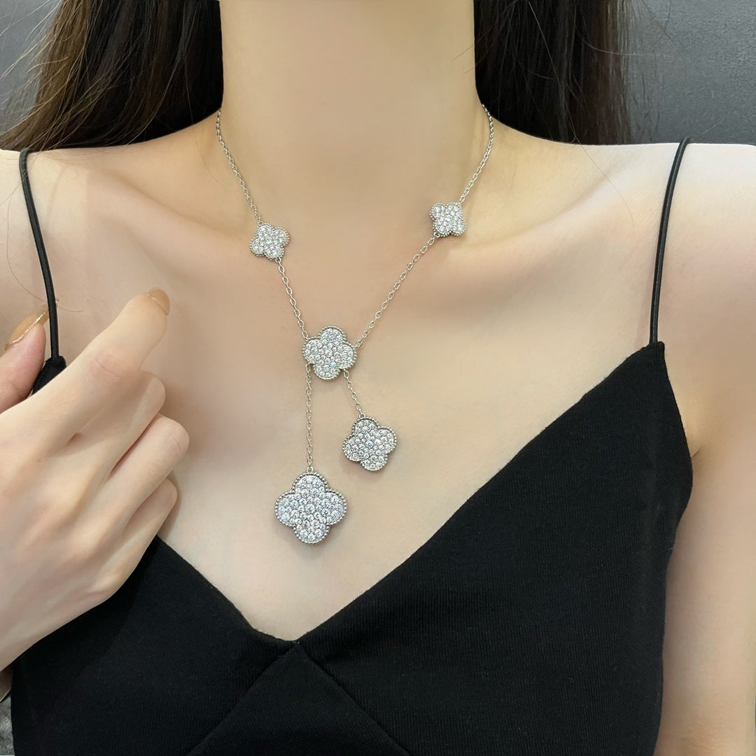 [⭐JeweliWhal]COLLIER TRÈFLE 5 MOTIFS ARGENT ET DIAMANTS