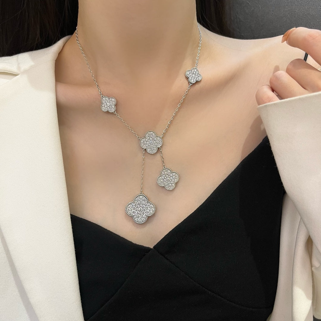 [⭐JeweliWhal]COLLIER TRÈFLE 5 MOTIFS ARGENT ET DIAMANTS