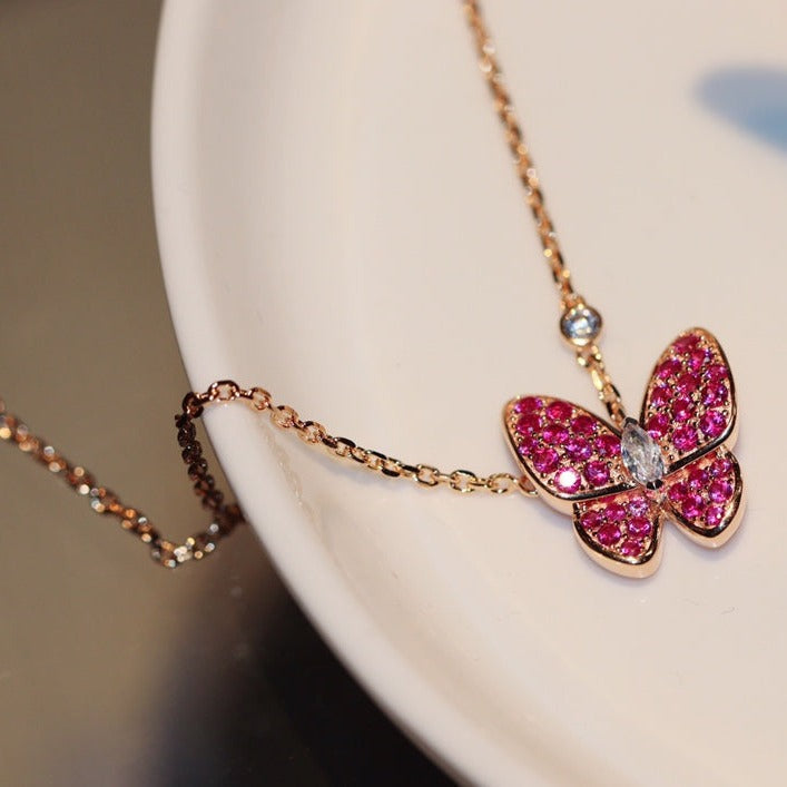 [⭐JeweliWhal]COLLIER EN OR ROSE PAPILLON DIAMANT ROUGE