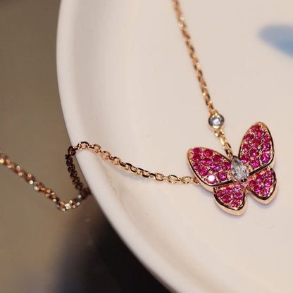 [⭐JeweliWhal]COLLIER EN OR ROSE PAPILLON DIAMANT ROUGE