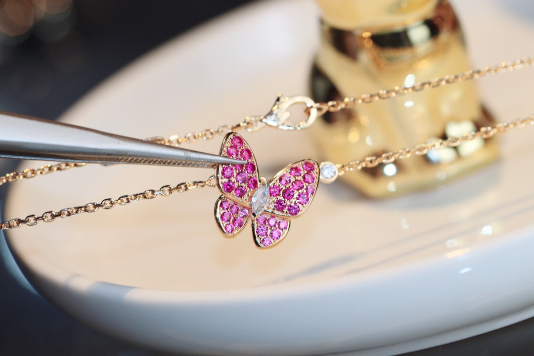 [⭐JeweliWhal]COLLIER EN OR ROSE PAPILLON DIAMANT ROUGE