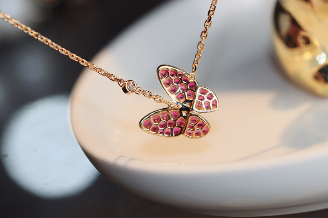 [⭐JeweliWhal]COLLIER EN OR ROSE PAPILLON DIAMANT ROUGE