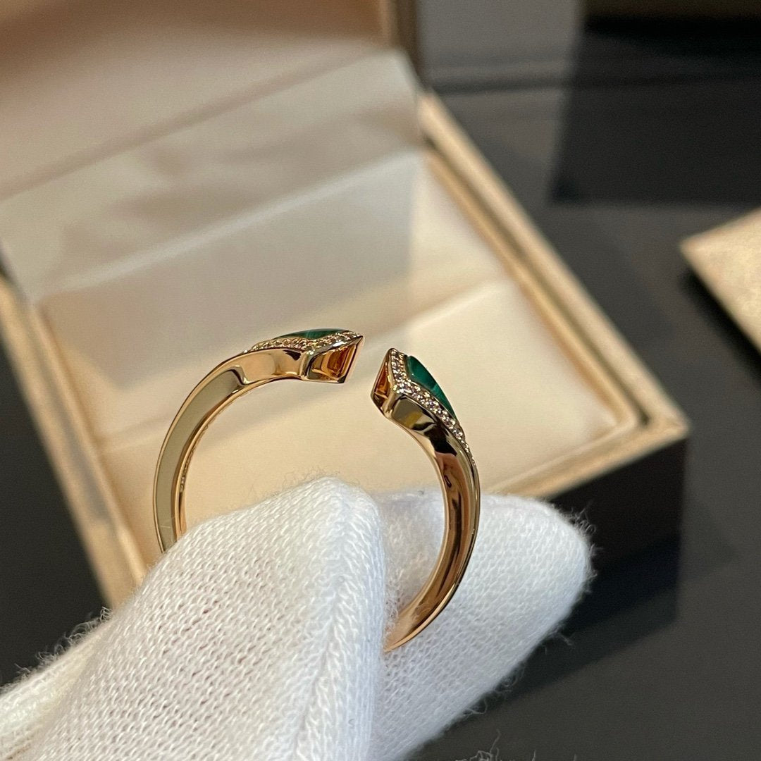 [⭐JeweliWhal]BAGUE OUVERTE RÊVE MALACHITE ET DIAMANT