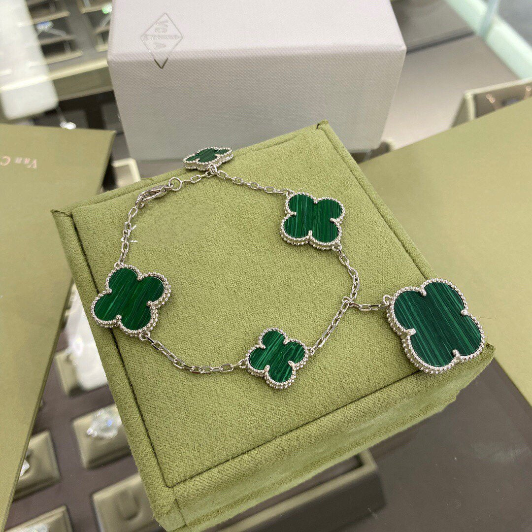 [⭐JeweliWhal]BRACELET TRÈFLE 5 MOTIFS ARGENT MALACHITE