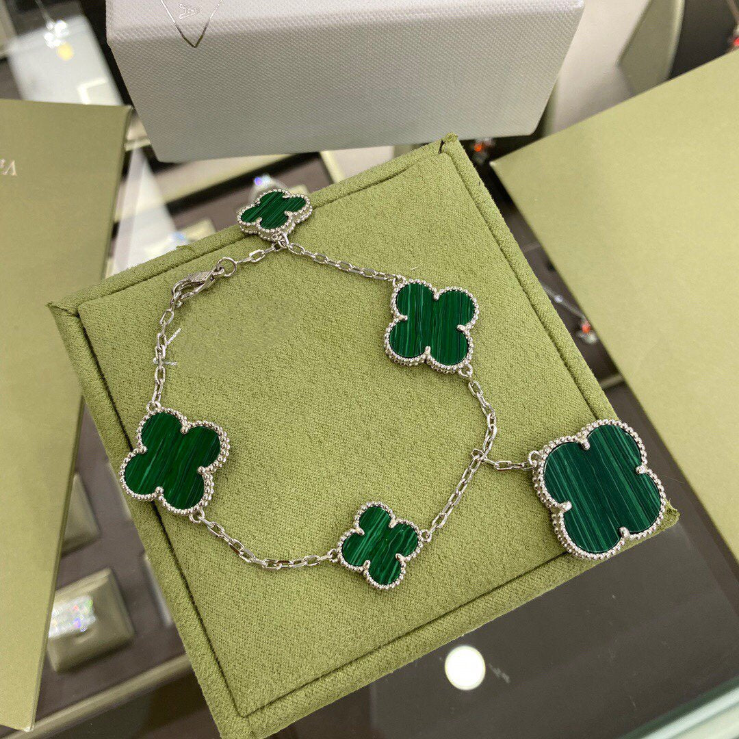 [⭐JeweliWhal]BRACELET TRÈFLE 5 MOTIFS ARGENT MALACHITE