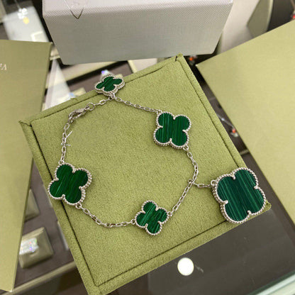 [⭐JeweliWhal]BRACELET TRÈFLE 5 MOTIFS ARGENT MALACHITE