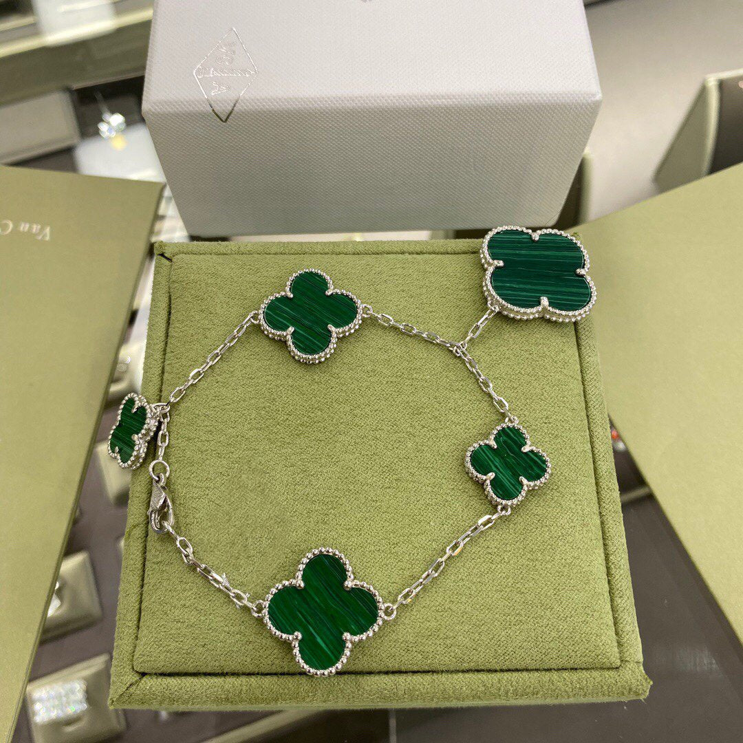 [⭐JeweliWhal]BRACELET TRÈFLE 5 MOTIFS ARGENT MALACHITE