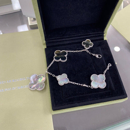 [⭐JeweliWhal]BRACELET TRÈFLE 5 MOTIFS ARGENT NACRE NOIRE