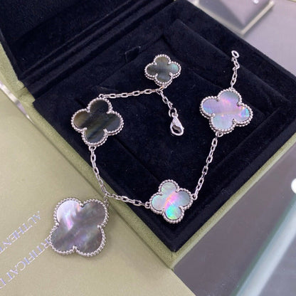 [⭐JeweliWhal]BRACELET TRÈFLE 5 MOTIFS ARGENT NACRE NOIRE