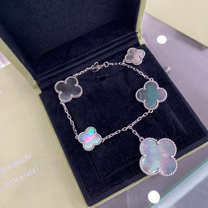 [⭐JeweliWhal]BRACELET TRÈFLE 5 MOTIFS ARGENT NACRE NOIRE