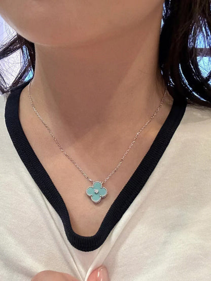 [⭐JeweliWhal]COLLIER EN ARGENT CLOVER 1 DIAMANT BLEU CLAIR