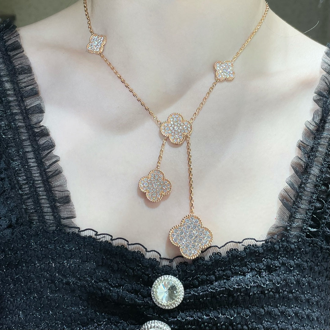 [⭐JeweliWhal]COLLIER TRÈFLE 6 MOTIFS PAVÉS DE DIAMANTS