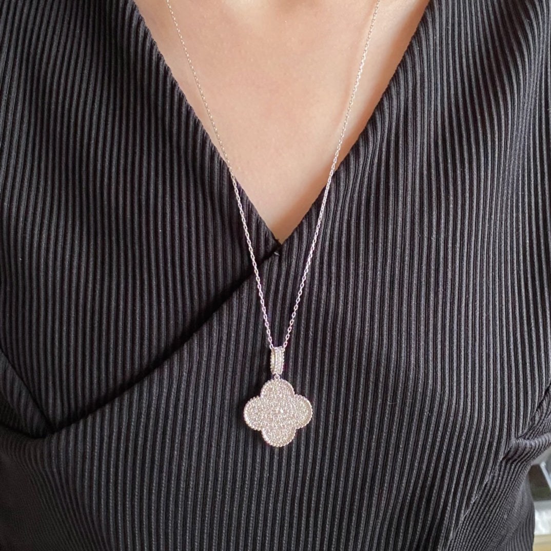 [⭐JeweliWhal]CLOVER COLLIER LONG 25MM GRAND PENDENTIF DIAMANT PAVÉ