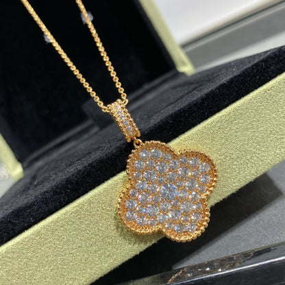 [⭐JeweliWhal]CLOVER COLLIER LONG 25MM GRAND PENDENTIF DIAMANT PAVÉ