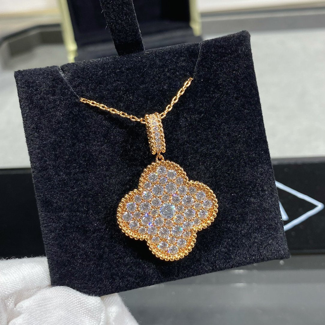 [⭐JeweliWhal]CLOVER COLLIER LONG 25MM GRAND PENDENTIF DIAMANT PAVÉ