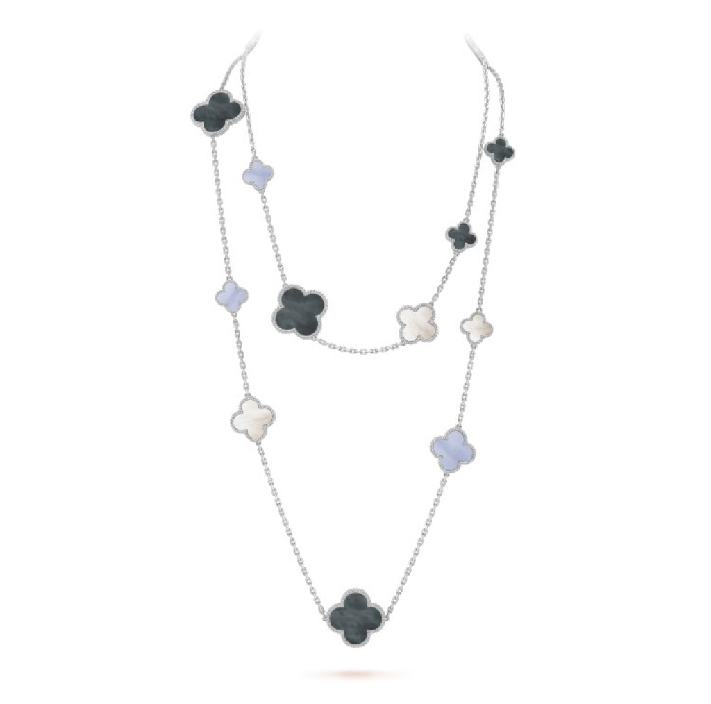 [⭐JeweliWhal]COLLIER CLOVER 16 MOTIF CALCÉDOINE NACRE ARGENT