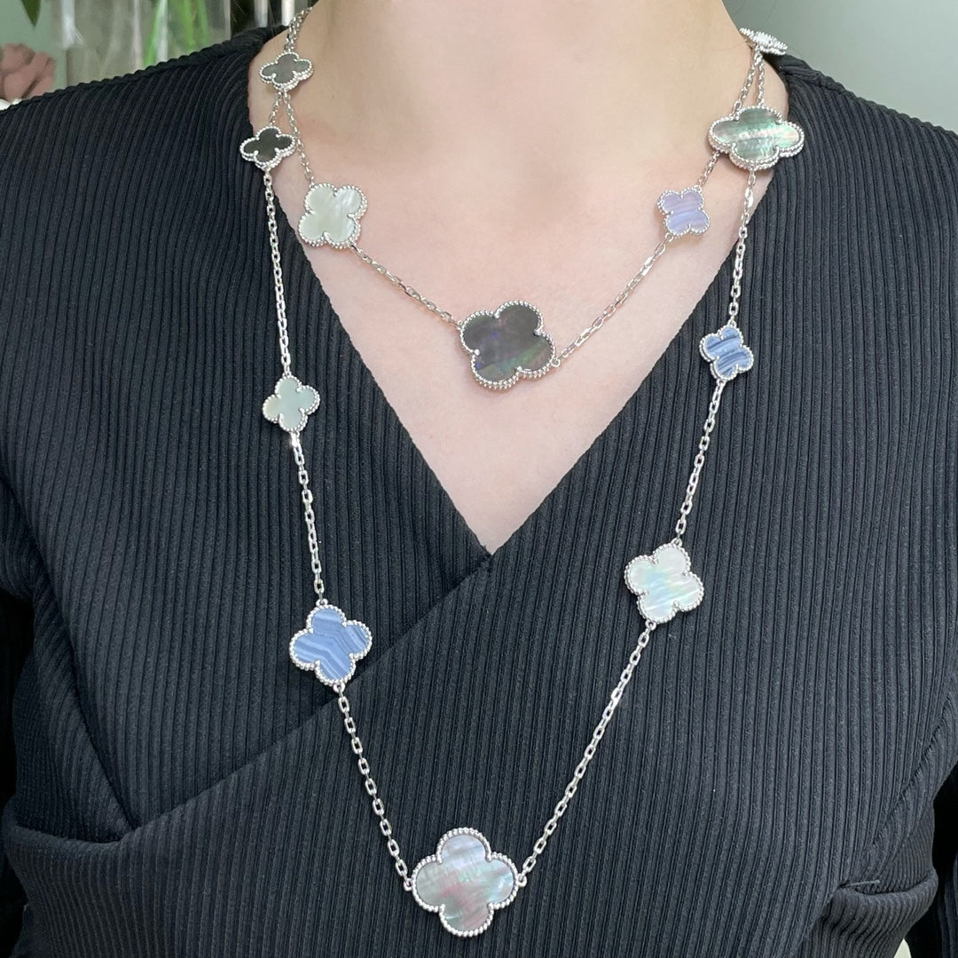 [⭐JeweliWhal]COLLIER CLOVER 16 MOTIF CALCÉDOINE NACRE ARGENT