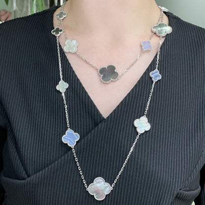 [⭐JeweliWhal]COLLIER CLOVER 16 MOTIF CALCÉDOINE NACRE ARGENT