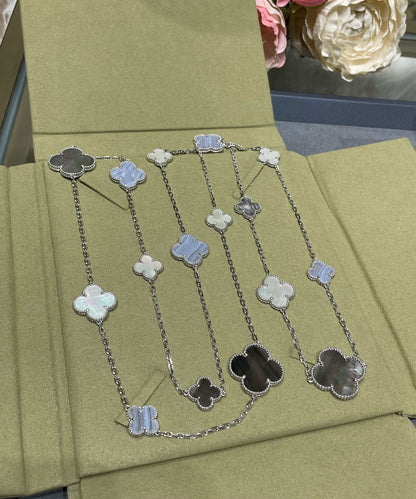 [⭐JeweliWhal]COLLIER CLOVER 16 MOTIF CALCÉDOINE NACRE ARGENT