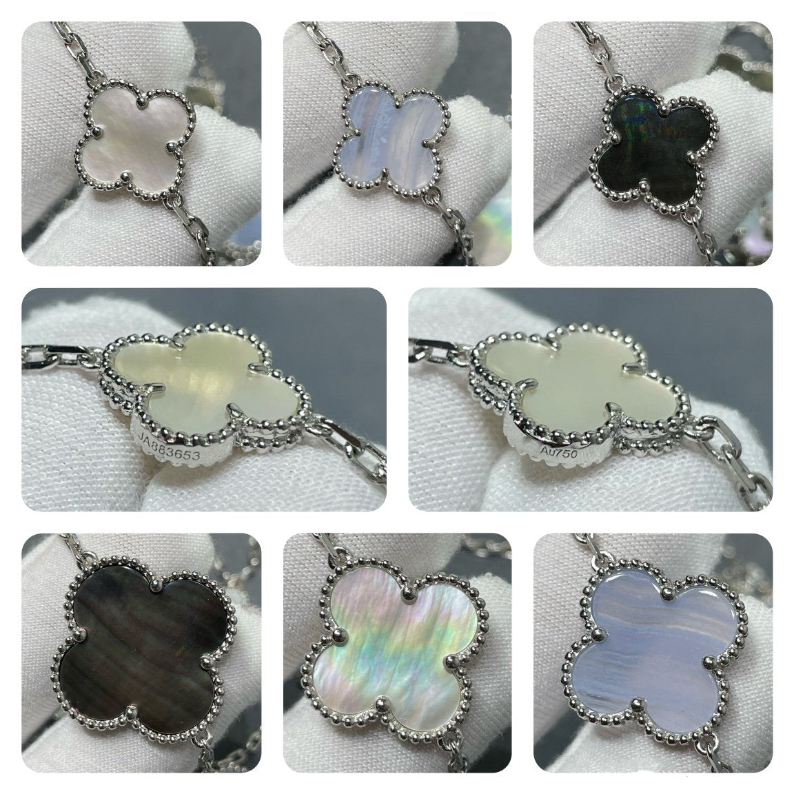 [⭐JeweliWhal]COLLIER CLOVER 16 MOTIF CALCÉDOINE NACRE ARGENT