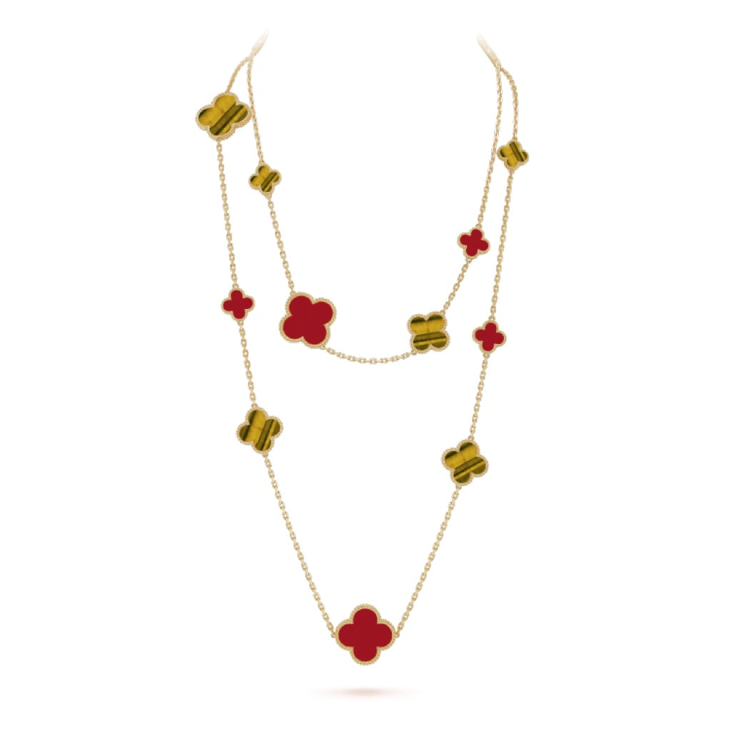 [⭐JeweliWhal]COLLIER CLOVER 16 MOTIF CORNALINE ŒIL DE TIGRE OR ROSE