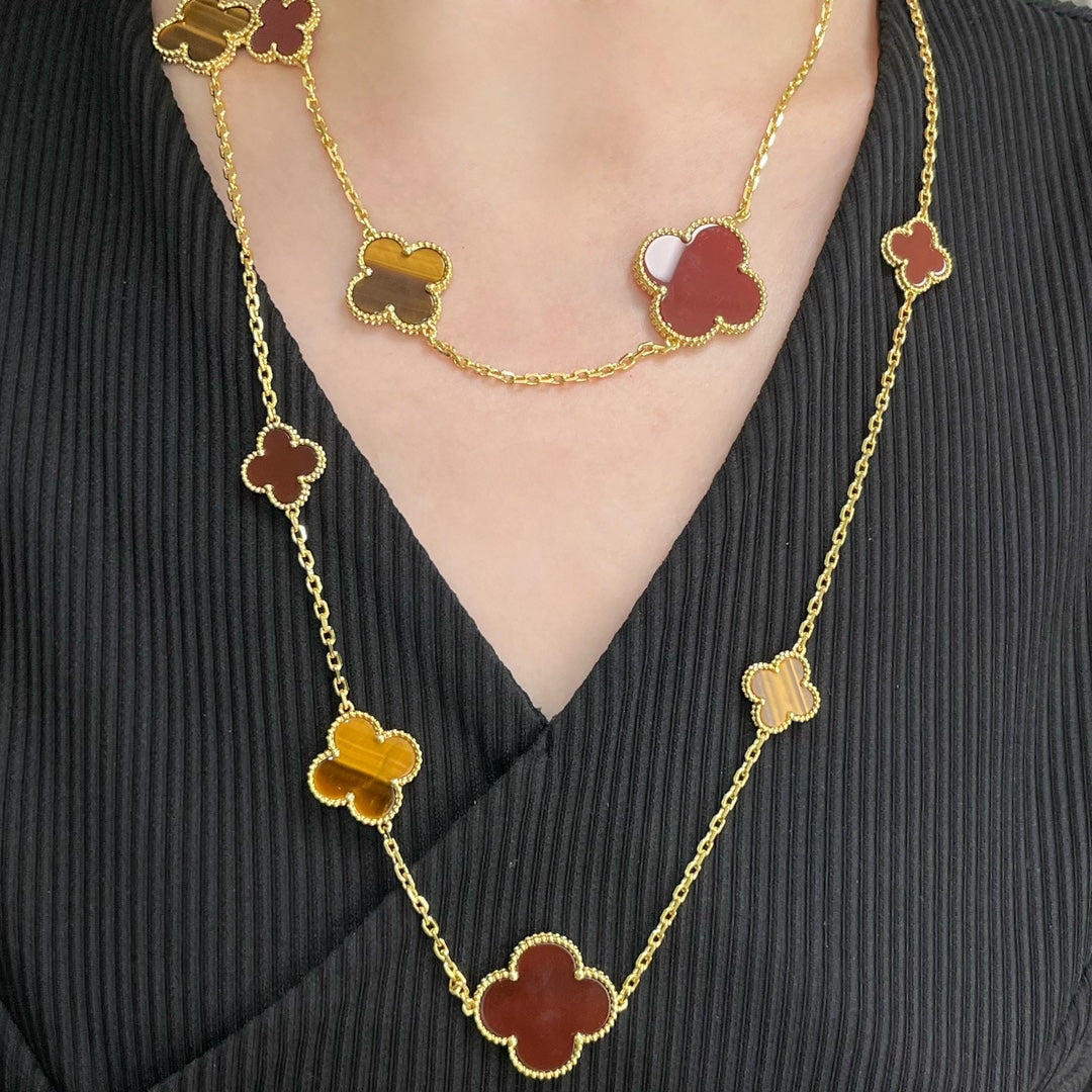 [⭐JeweliWhal]COLLIER CLOVER 16 MOTIF CORNALINE ŒIL DE TIGRE OR ROSE