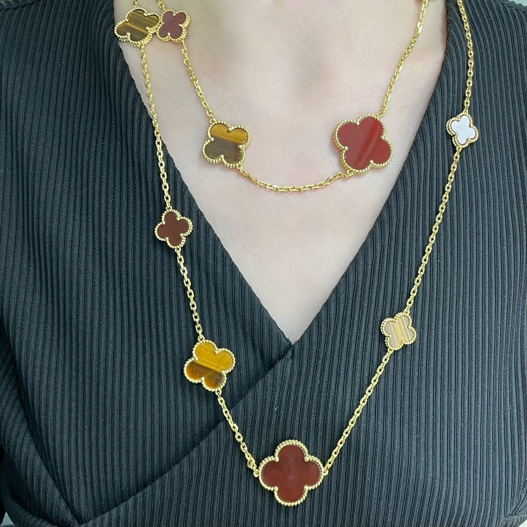 [⭐JeweliWhal]COLLIER CLOVER 16 MOTIF CORNALINE ŒIL DE TIGRE OR ROSE