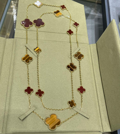 [⭐JeweliWhal]COLLIER CLOVER 16 MOTIF CORNALINE ŒIL DE TIGRE OR ROSE
