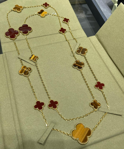 [⭐JeweliWhal]COLLIER CLOVER 16 MOTIF CORNALINE ŒIL DE TIGRE OR ROSE