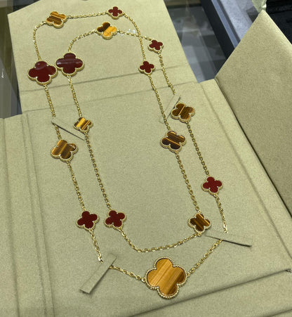 [⭐JeweliWhal]COLLIER CLOVER 16 MOTIF CORNALINE ŒIL DE TIGRE OR ROSE