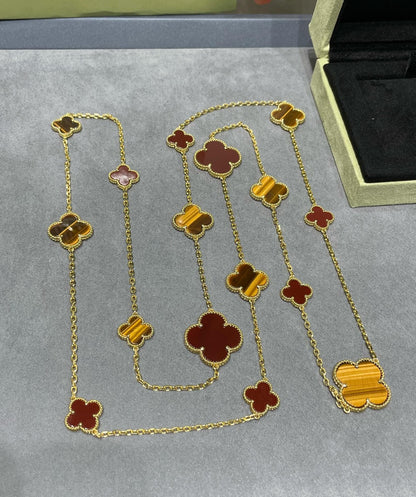 [⭐JeweliWhal]COLLIER CLOVER 16 MOTIF CORNALINE ŒIL DE TIGRE OR ROSE