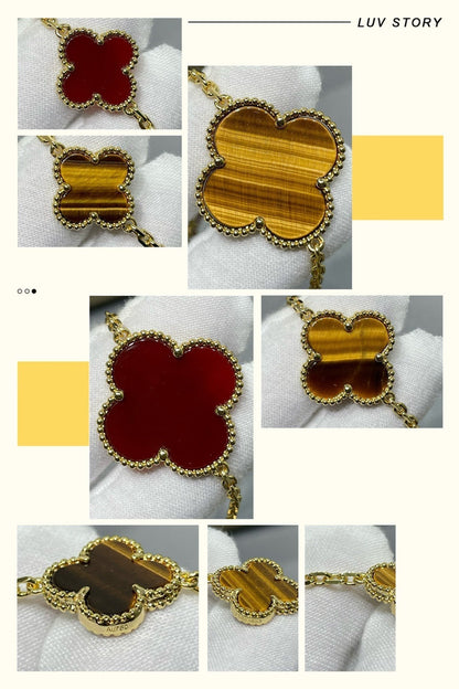 [⭐JeweliWhal]COLLIER CLOVER 16 MOTIF CORNALINE ŒIL DE TIGRE OR ROSE
