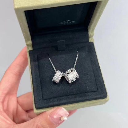 [⭐JeweliWhal]COLLIER DOUBLE PENDENTIF DIAMANT ARGENT PERLEE