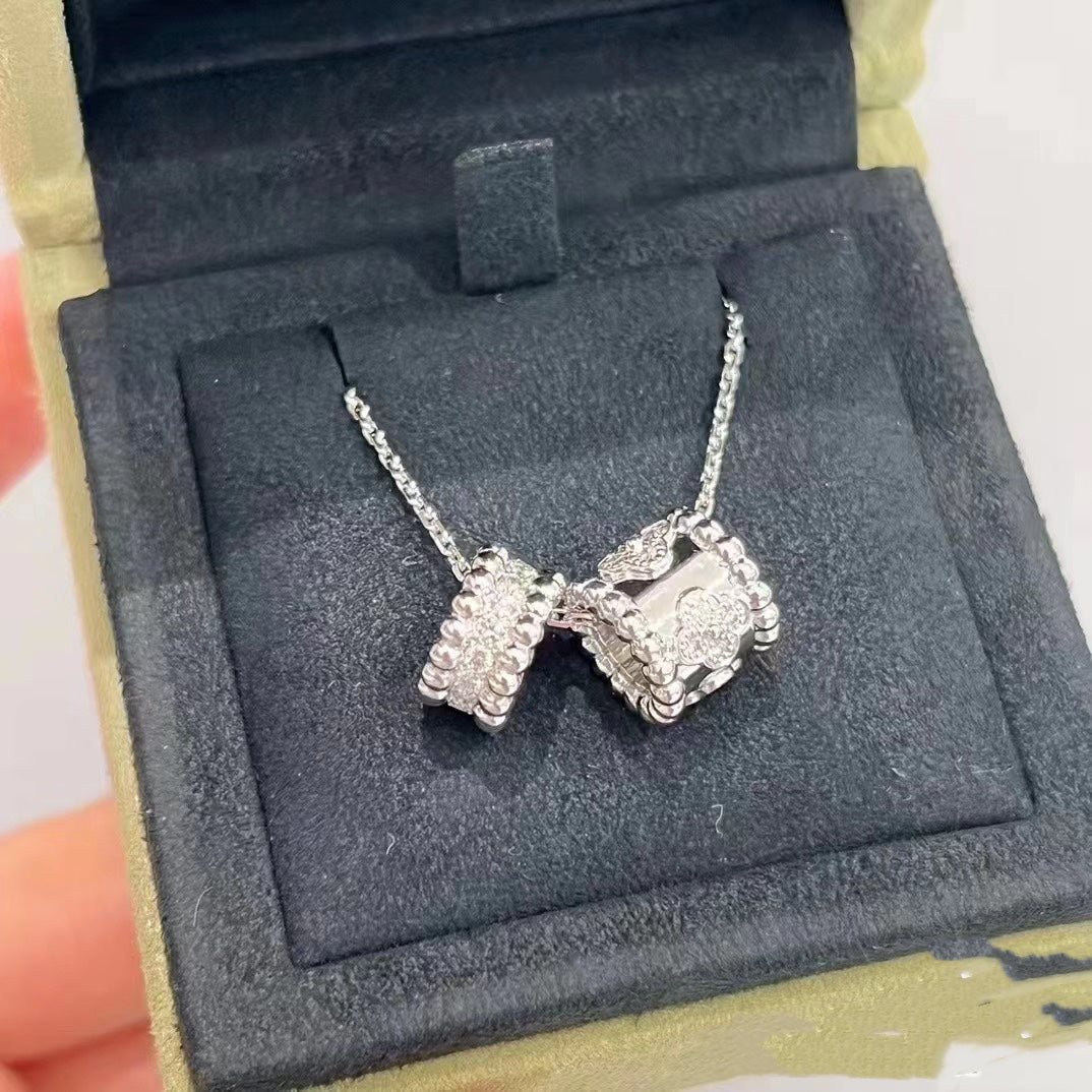 [⭐JeweliWhal]COLLIER DOUBLE PENDENTIF DIAMANT ARGENT PERLEE