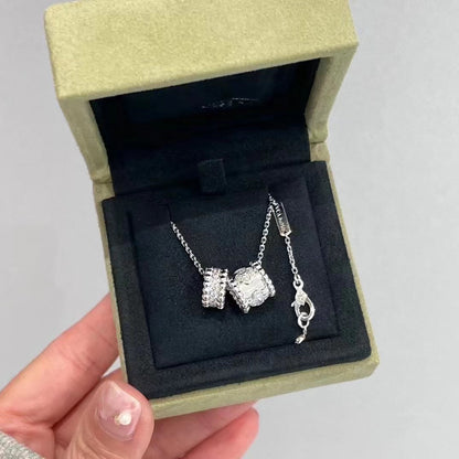 [⭐JeweliWhal]COLLIER DOUBLE PENDENTIF DIAMANT ARGENT PERLEE