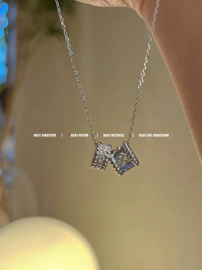 [⭐JeweliWhal]COLLIER DOUBLE PENDENTIF DIAMANT ARGENT PERLEE