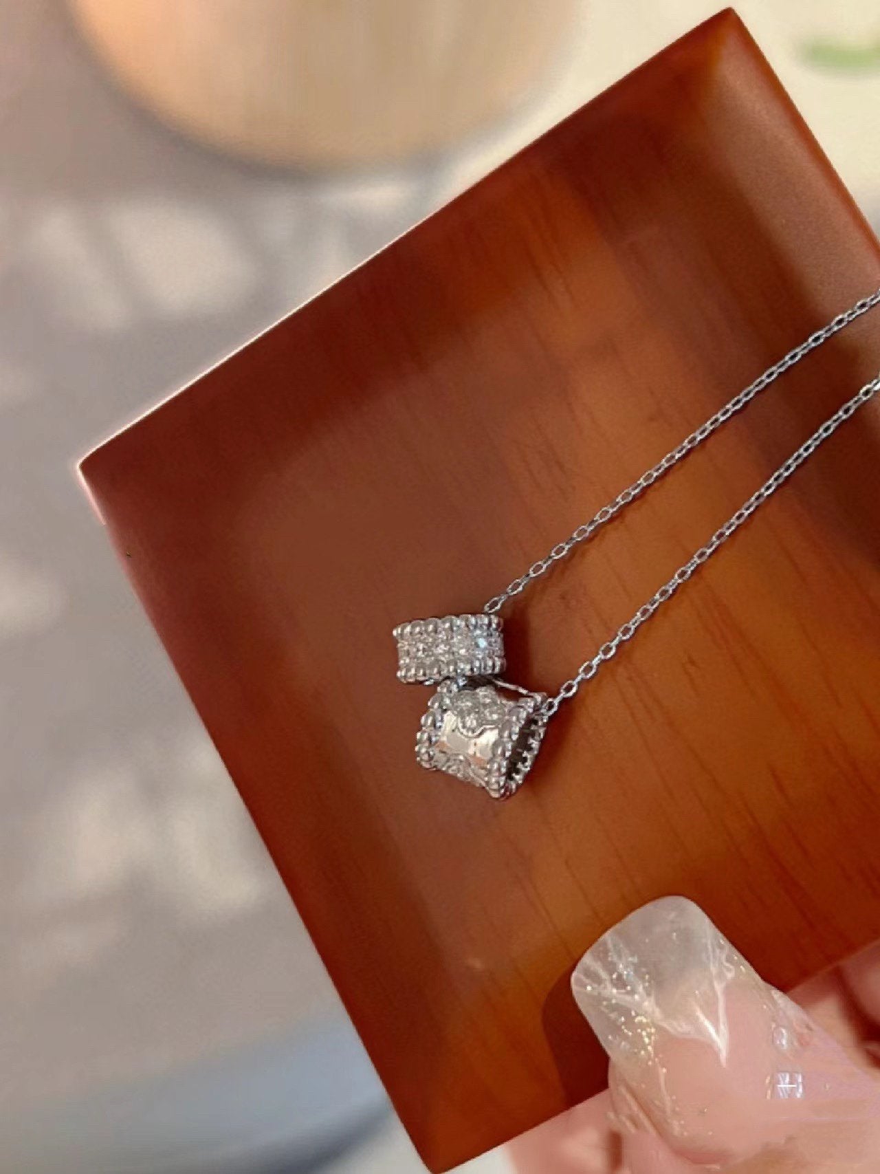 [⭐JeweliWhal]COLLIER DOUBLE PENDENTIF DIAMANT ARGENT PERLEE